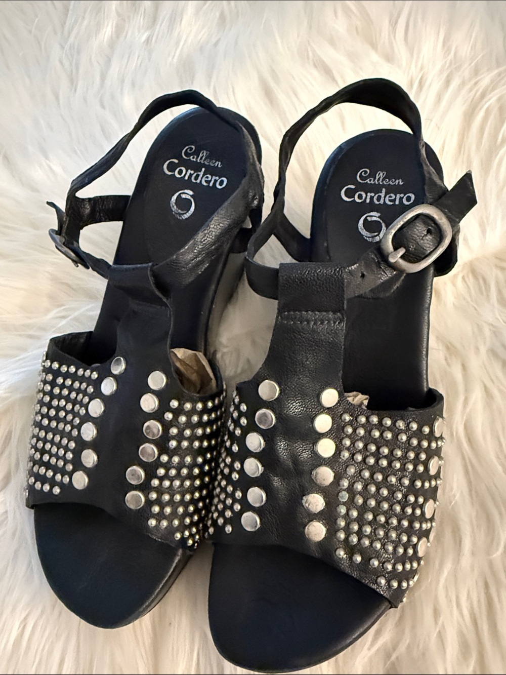 Calleen Cordero Besa Genuine Leather Wedge Sandals featuring silver studs🔥